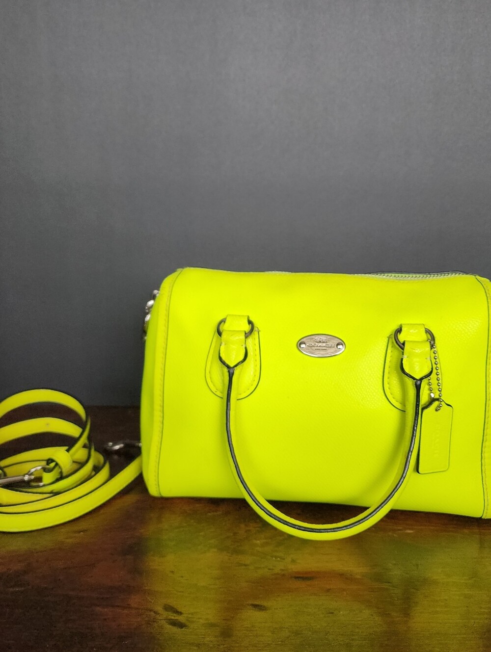 Used Coach New York Bright Neon Yellow Mini Bennett Satchel Crossbody Silver